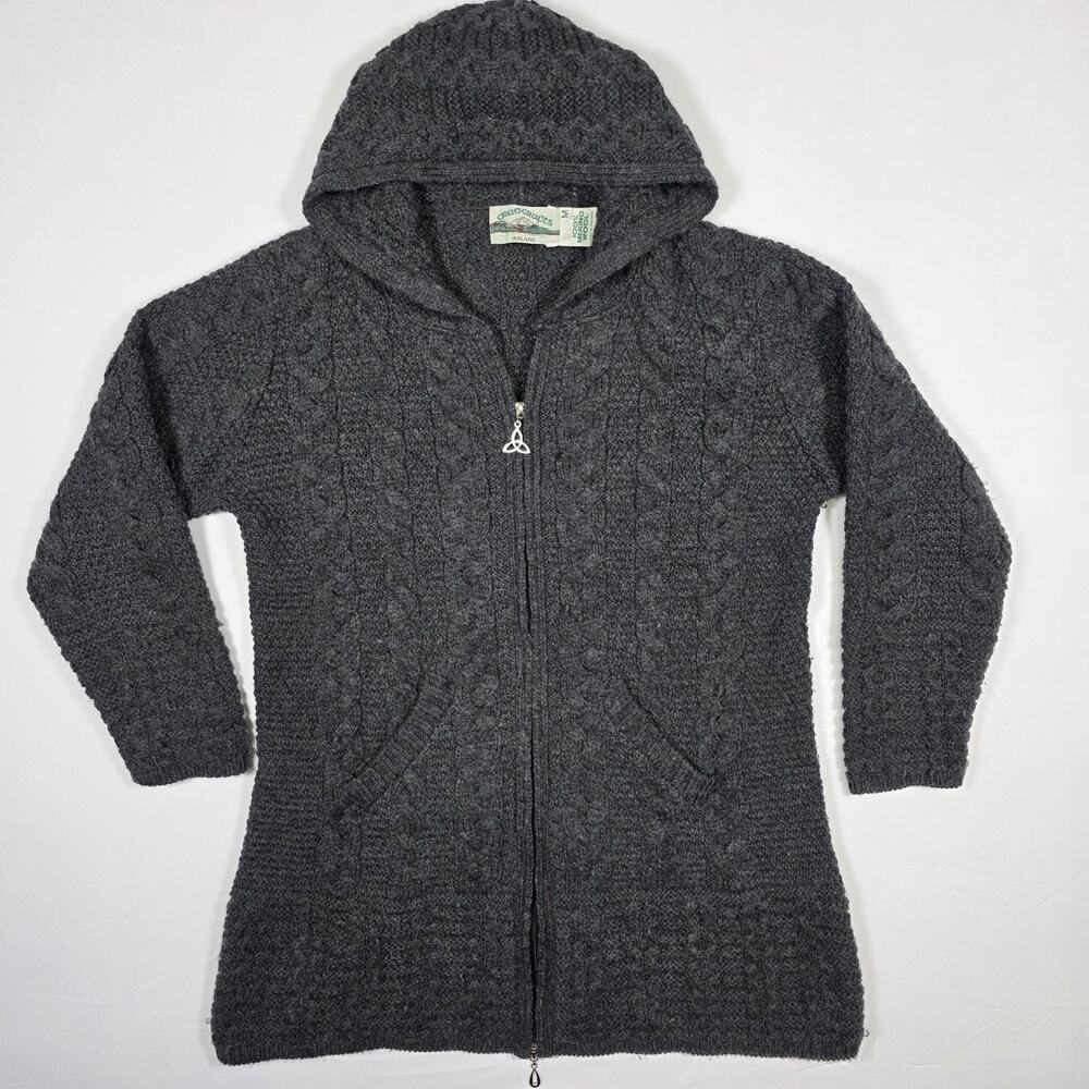 Aran Crafts Women’s Medium 100% Merino Wool Hooded Zip Sweater Gray Ireland